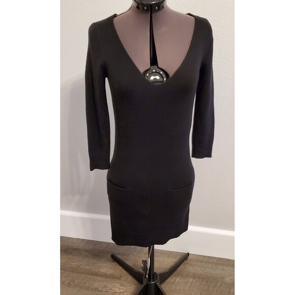 Express Women's Mini Knit Dress XS Black Wool Blend V-Neck 3/4 Sleeve LBD - Picture 2 of 6